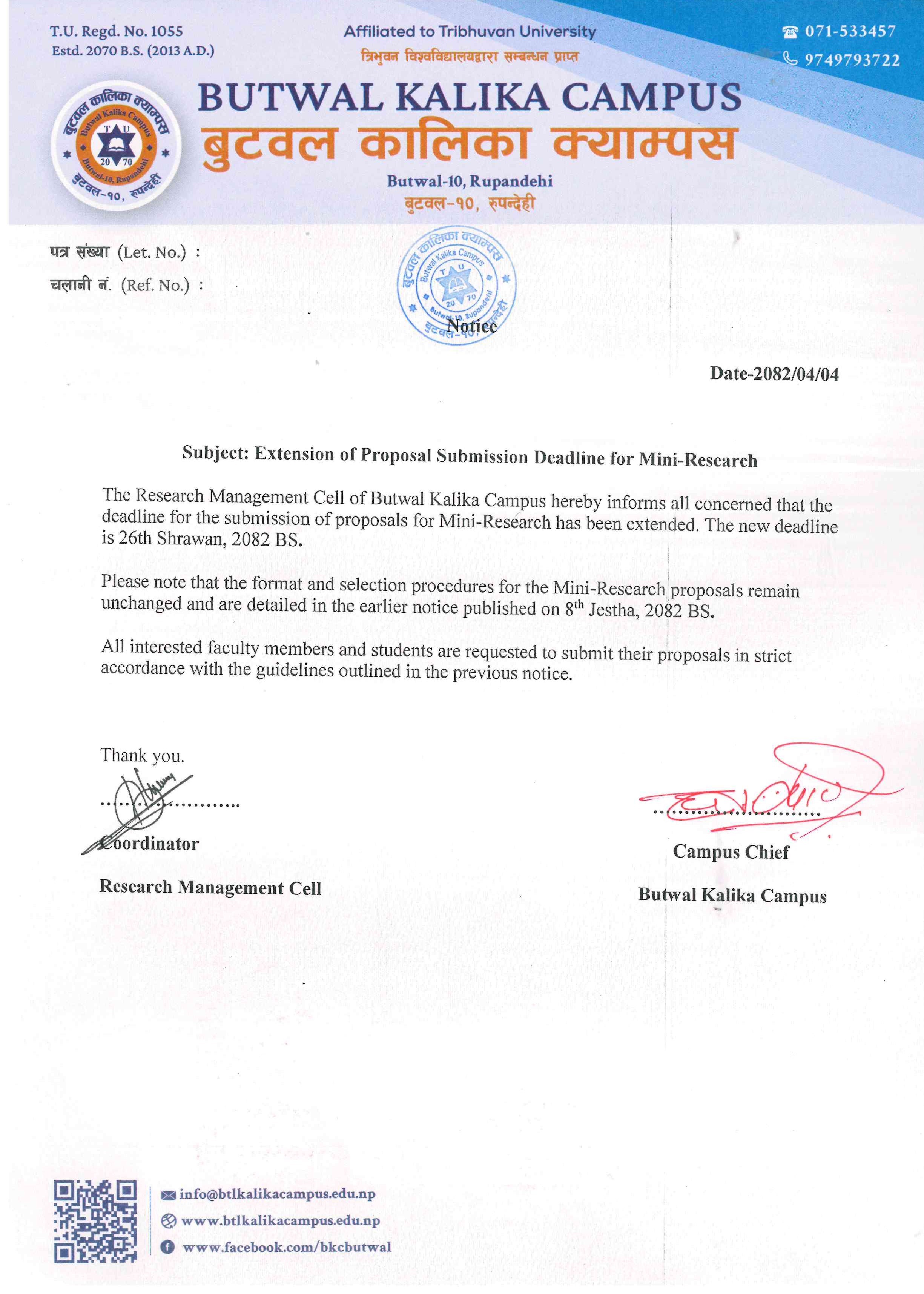 Extension of Proposal Submission for Mini-Research