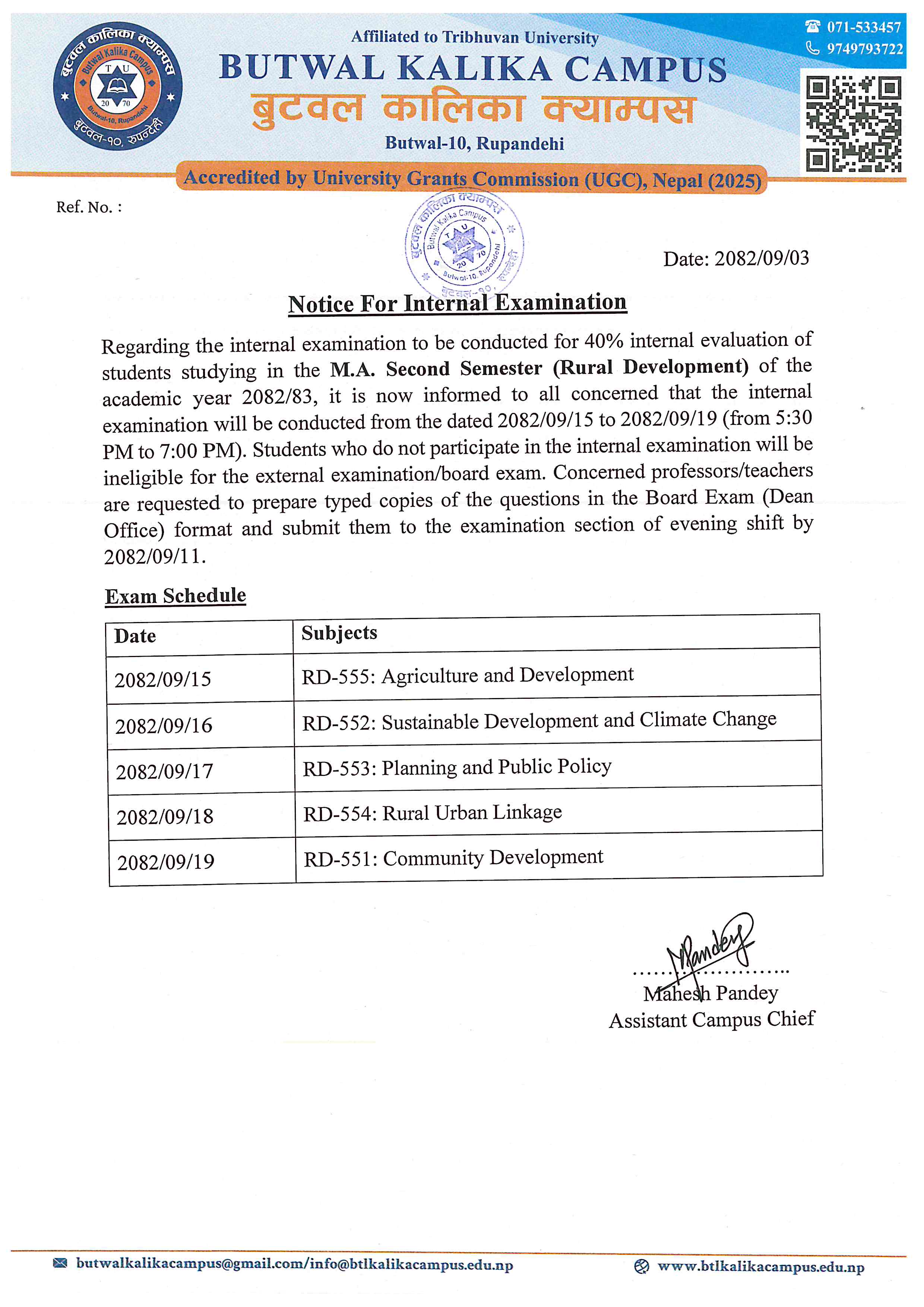 Notice for Internal Examination for MA-RD II Semester